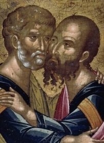 An icon of SS. Peter &amp; Paul exchanging the kiss of peace; a symbol of Christian unity.