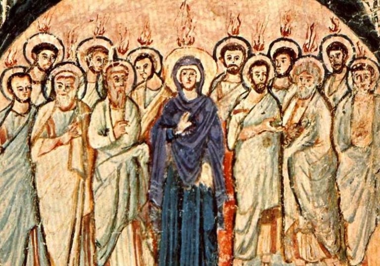 A depiction of the Pentecost from a 6th century illuminated Book of Gospels.