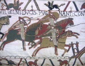 William the Conqueror rides against the English: a depiction of the Battle of Hastings from the Bayeux Tapestry.