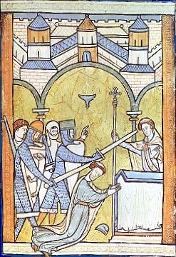 The murder of Thomas Becket from a thirteenth century English Psalter.