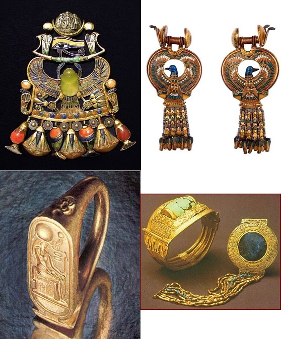 上图：古埃及第十八王朝法老图坦卡蒙（Tutankhamun，主前1332-1323年在位）墓中出土的胸前针、耳环、打印的戒指、手钏，非常精美。